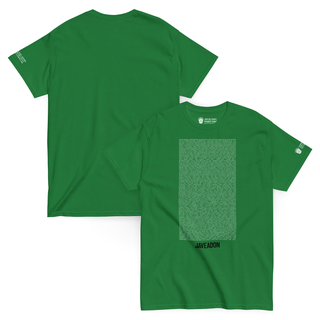 Green Persian-inspired streetwear t-shirt with bold text and cultural motifs, embodying heritage and modern design.