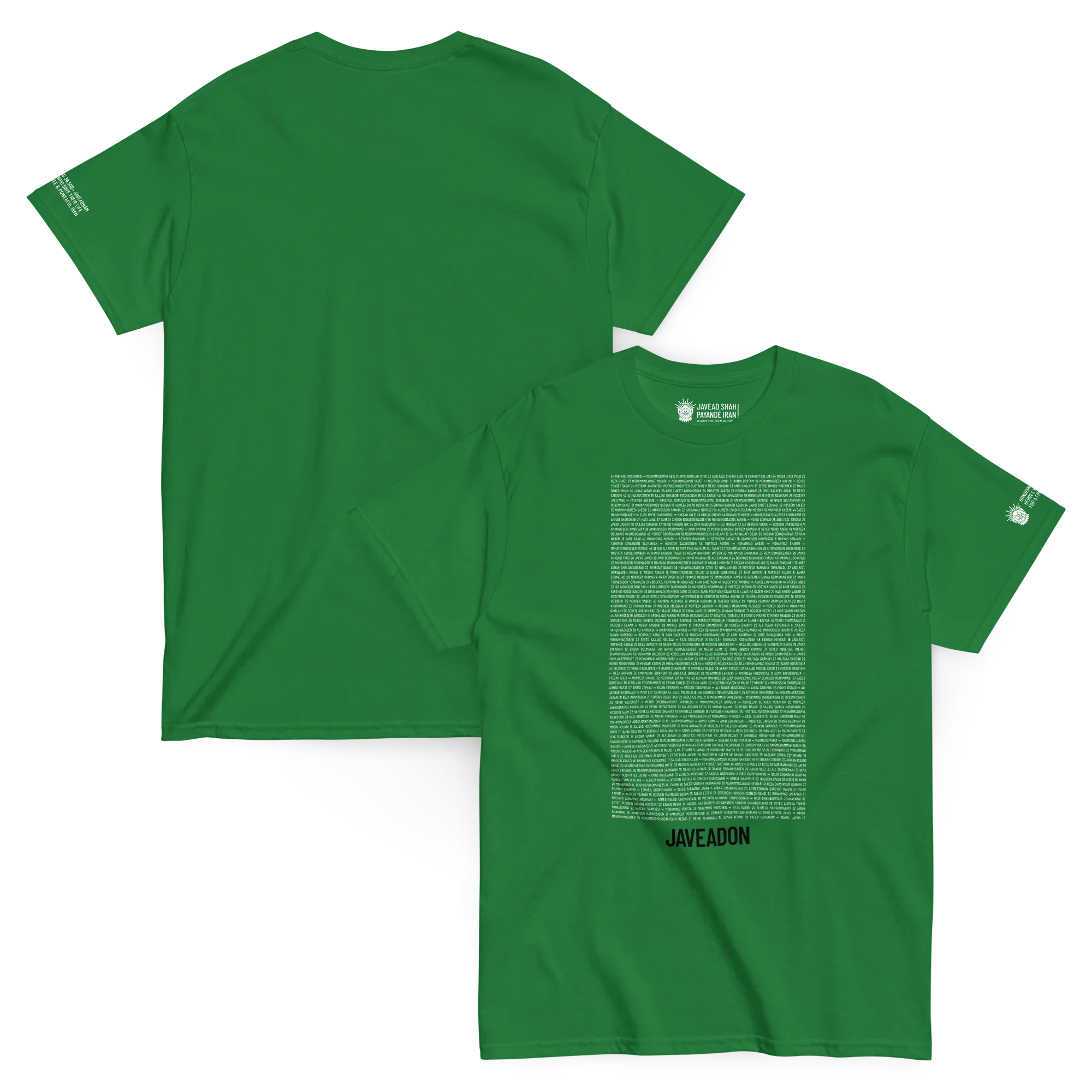 Green Persian-inspired streetwear t-shirt with bold text and cultural motifs, embodying heritage and modern design.