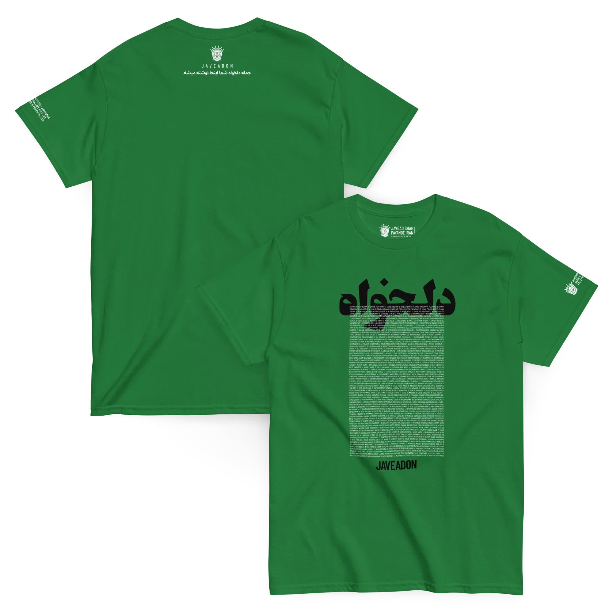 Green Persian-inspired streetwear t-shirt with bold text and cultural symbols, reflecting heritage and modern design.