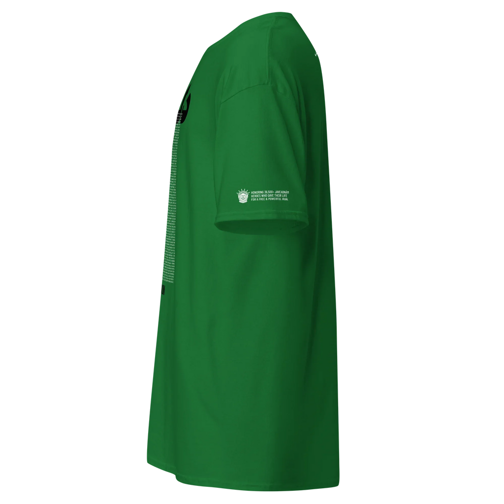 Green t-shirt honoring Persian heroes with Lion & Sun emblem, modern streetwear design