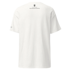 White t-shirt with Persian text and Lion & Sun logo, inspired by Persian heritage and streetwear design.