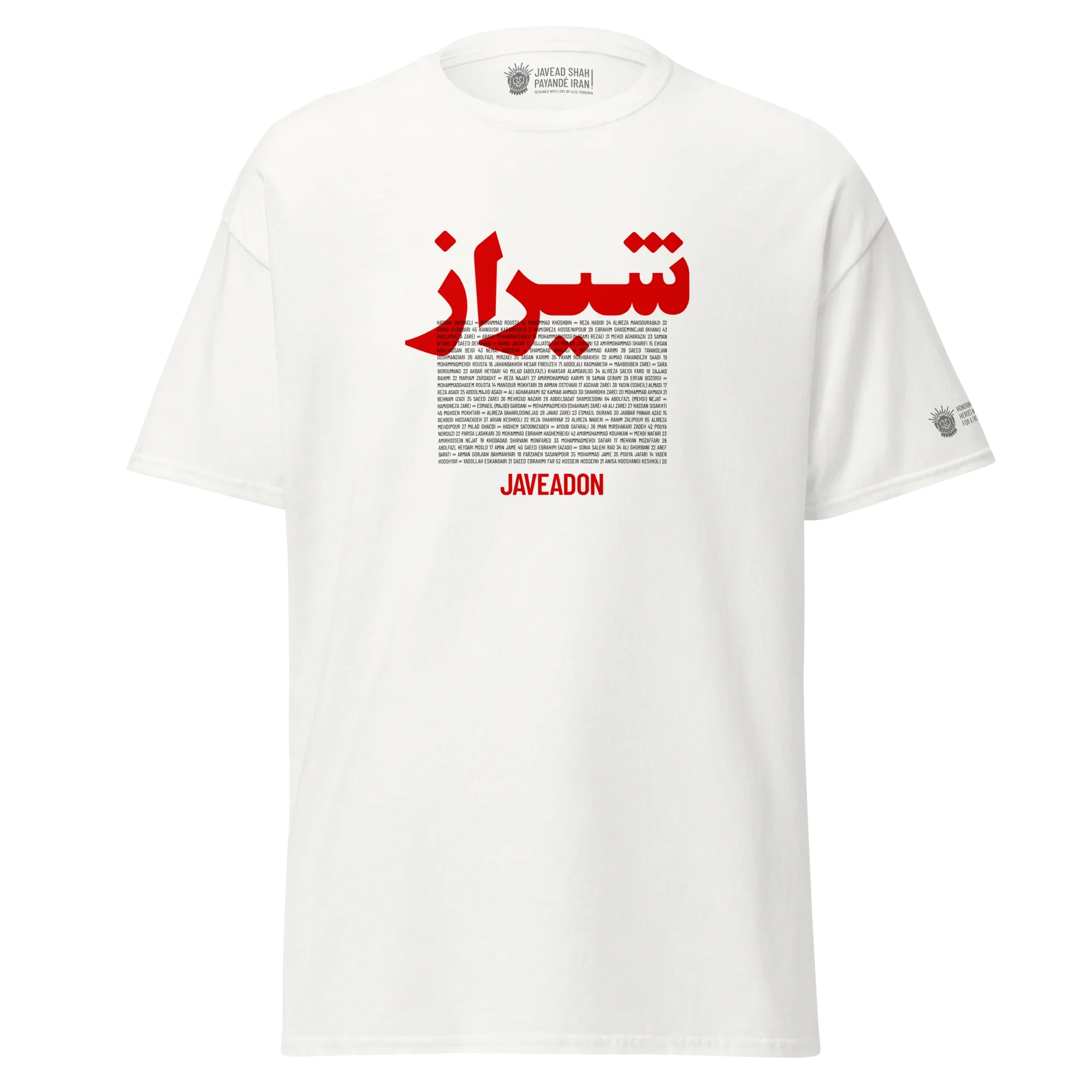 White streetwear tee with bold red Persian script and memorial names, honoring Persian heritage and resilience.