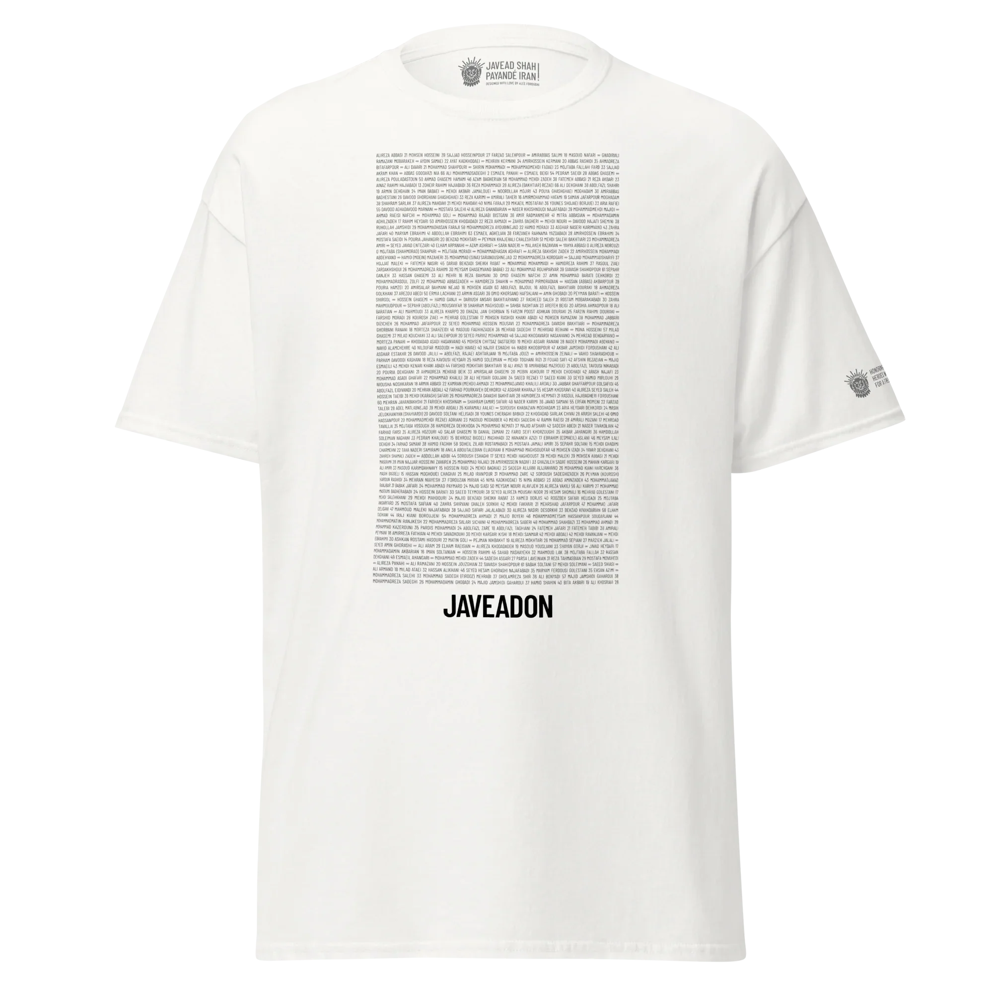 White t-shirt with Persian text and 'JAVEADON' branding, inspired by Persian heritage and modern streetwear design.