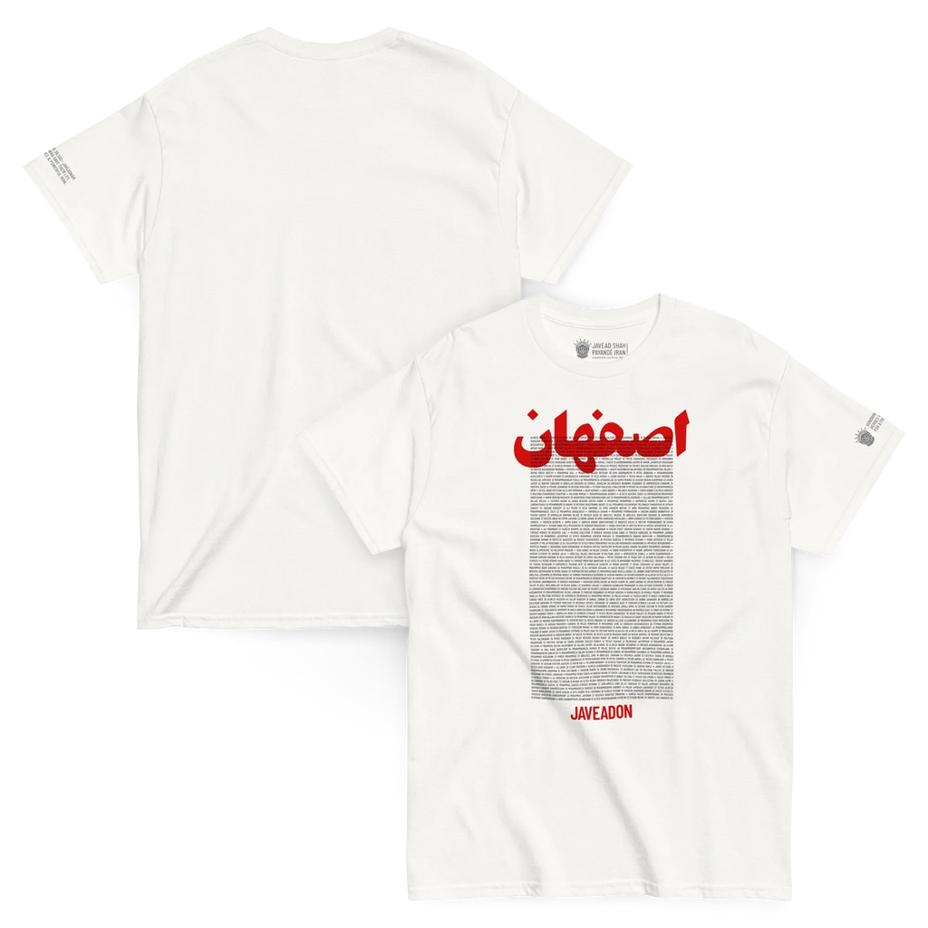 White Persian streetwear tee with bold red script, heritage text, and 'Javeadon' branding, symbolizing cultural identity.