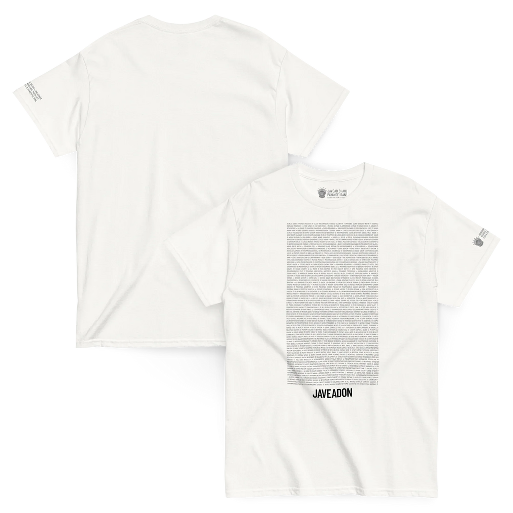 White Javeadon t-shirt with Persian heritage text and Lion & Sun logo, modern streetwear design