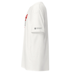 White streetwear tee with red graphic and Persian heritage tribute text on sleeve, honoring Javeadnām heroes for a free Iran.